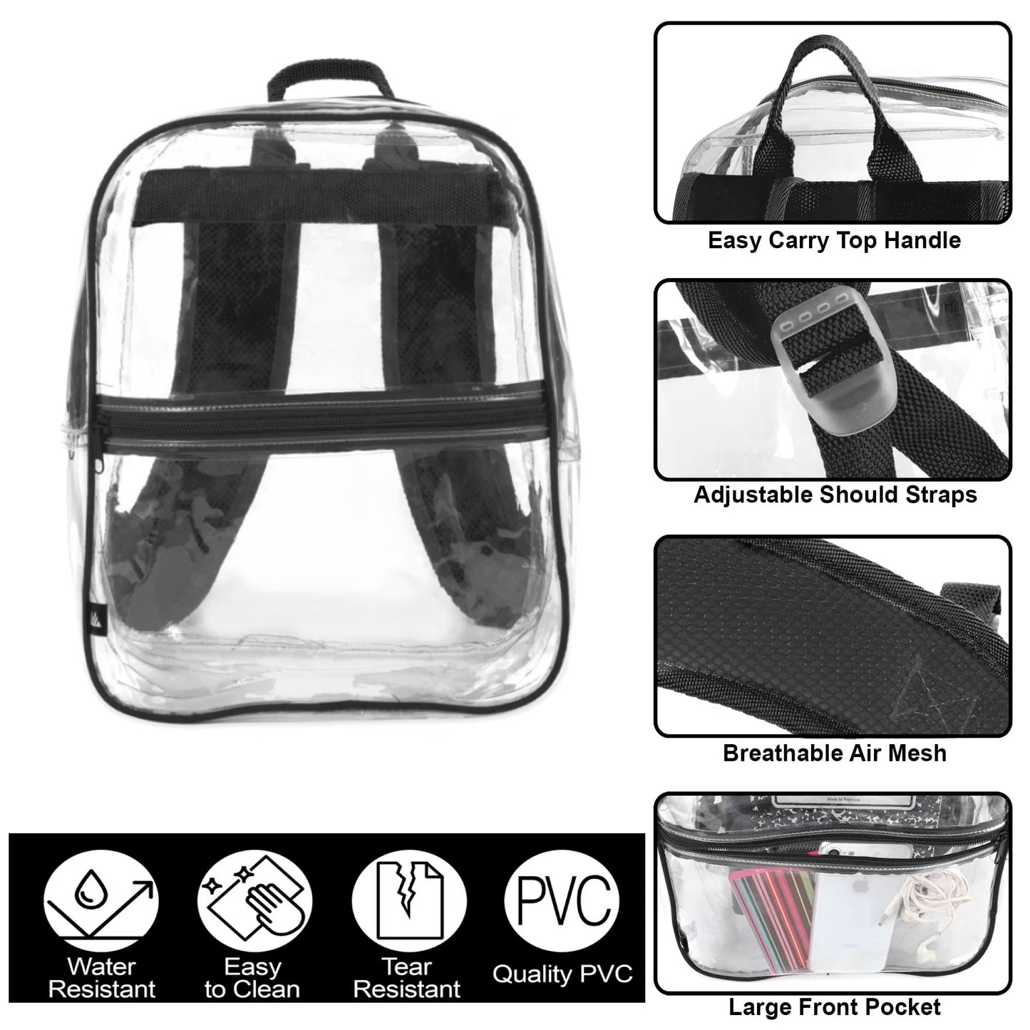 WilJackSports Clear Stadium Approved Backpack, Heavy Duty Waterproof Transparent Backpack for Sports, Travel, Gym and School